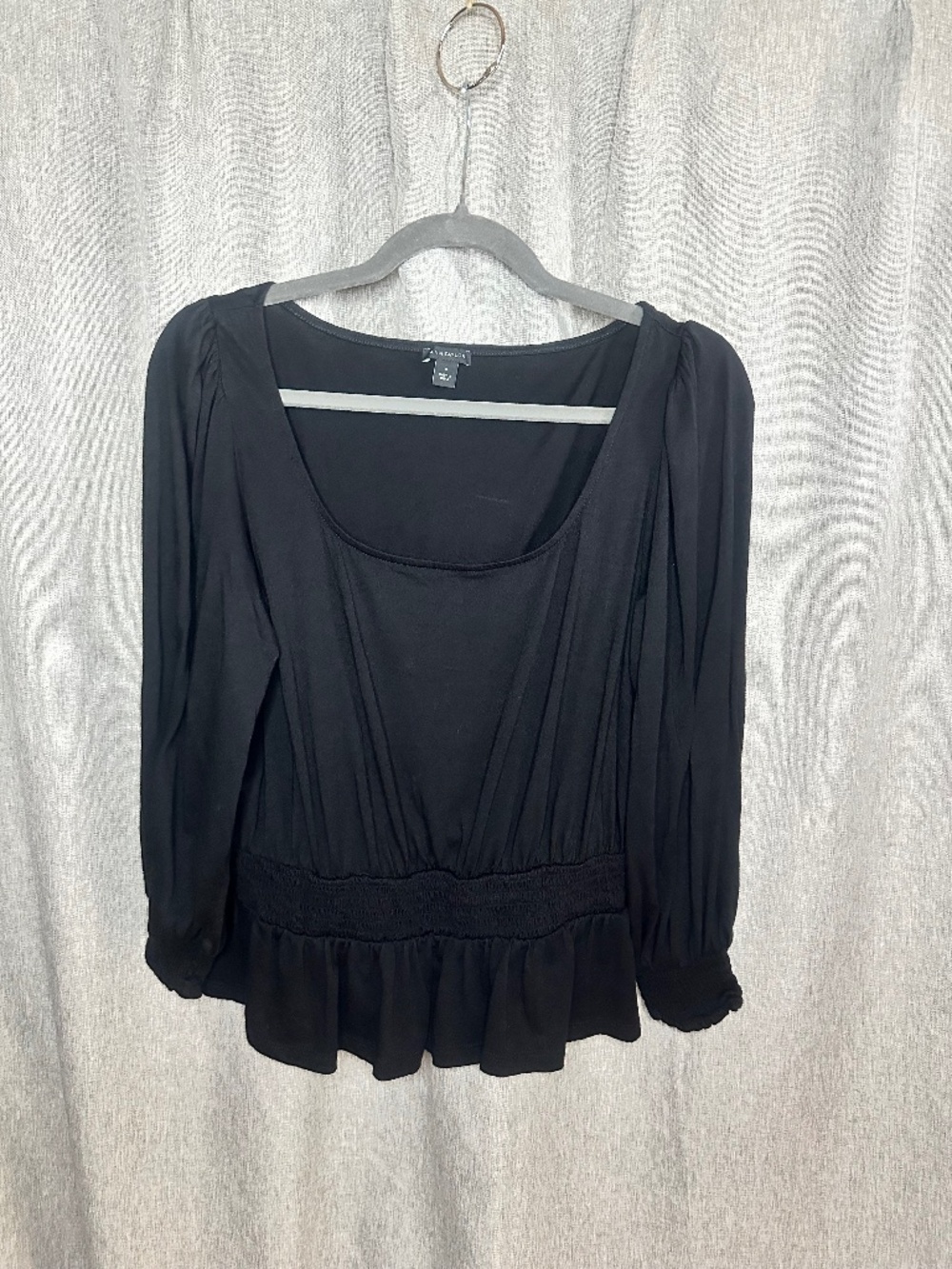 Ann Taylor Smocked Peplum Blouse Puff Sleeve Black Small